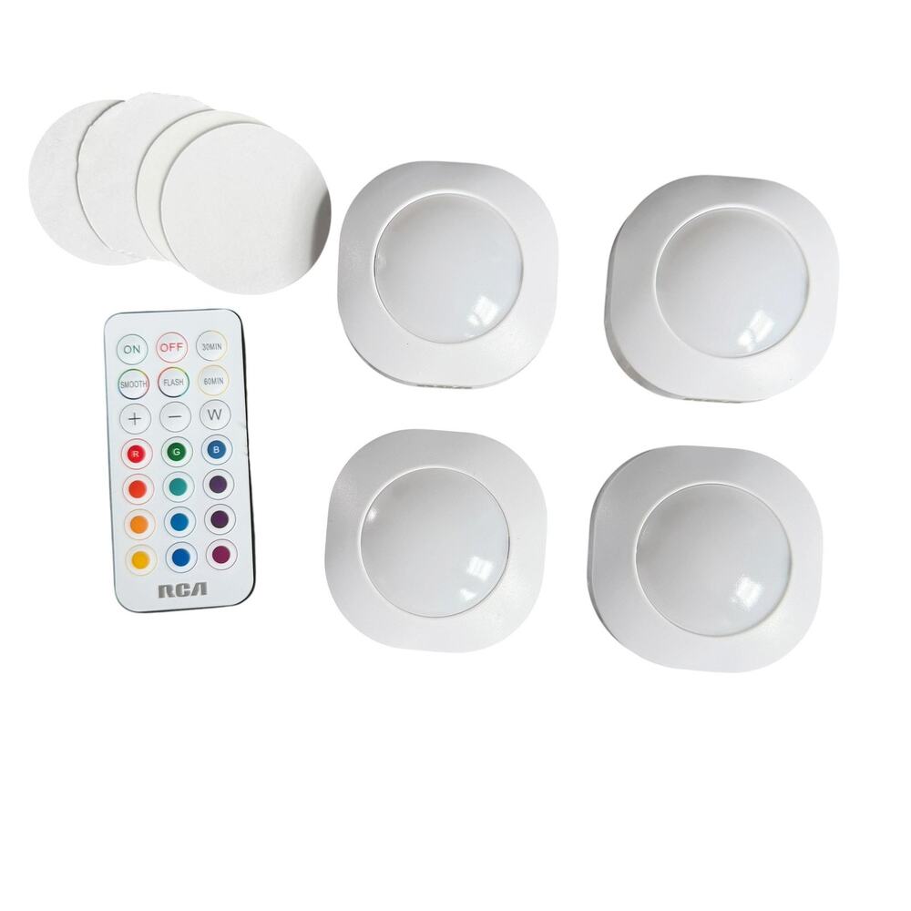 RCA LED Puck Lights Battery White Stick On Lucite Remote Color Changing Set Of 4